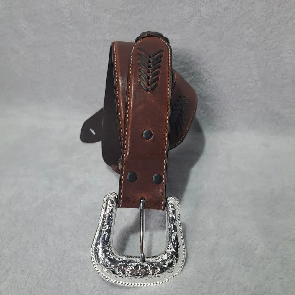 NOCONA Brown Leather Belt 44 Floral Embossed Conchos & Buckle Western Rodeo